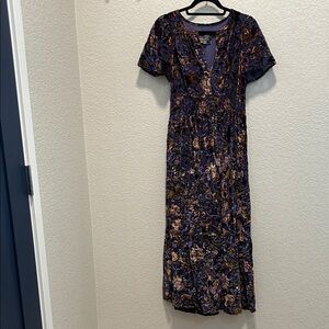Anthropologie Somerset Velvet Lined Purple Floral Maxi Dress with Short Sleeves